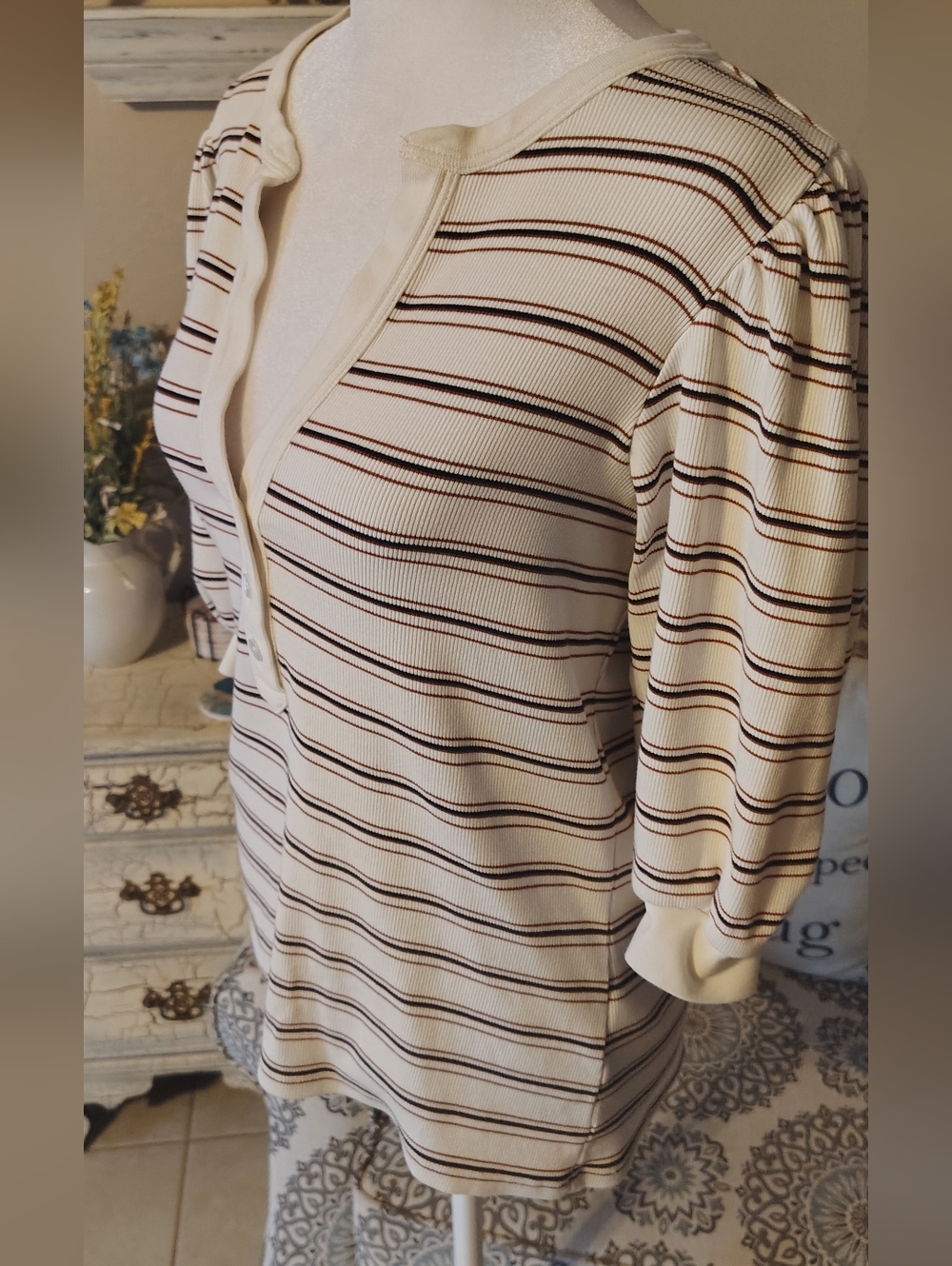 Veronica Beard Cream Top with Brown and Black Stripes - Picture 3 of 9